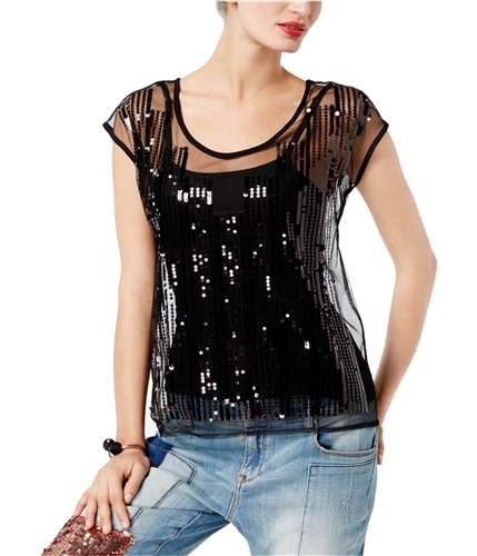 I-N-C Womens Sequin Basic T-Shirt deepblack XS