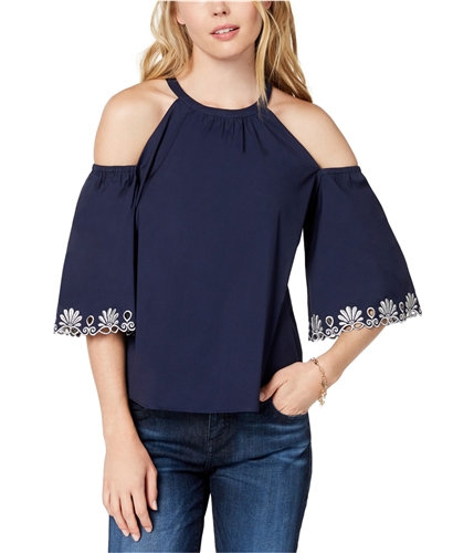maison Jules Womens Cold Shoulder Eyelet Pullover Blouse navy XS