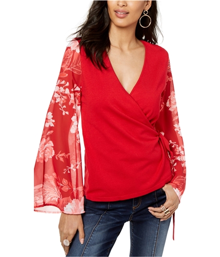 I-N-C Womens Floral Sleeves Sweater Wrap Swing red M