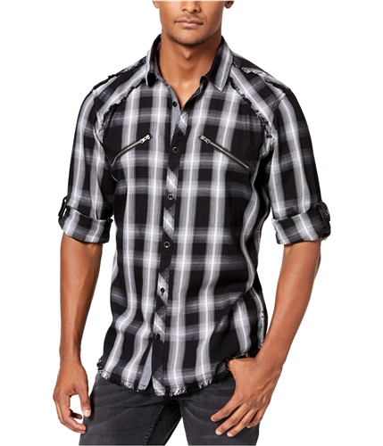 I-N-C Mens Plaid Utility Button Up Shirt black S