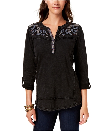 Style & Co. Womens Embroidered Henley Shirt black PM
