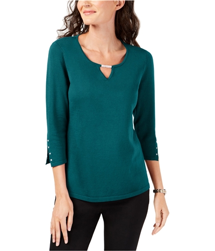 JM Collection Womens Rhinestone Keyhole Pullover Blouse teal PP
