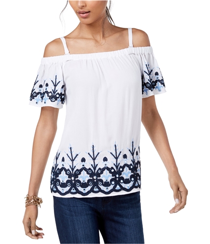 I-N-C Womens Embroidered Cold Shoulder Blouse white S