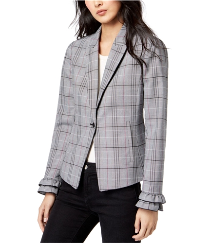 maison Jules Womens Plaid Fitted One Button Blazer Jacket black S