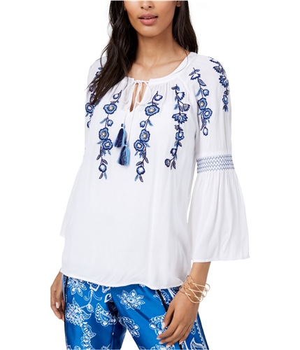 I-N-C Womens Embroidered Peasant Blouse white M
