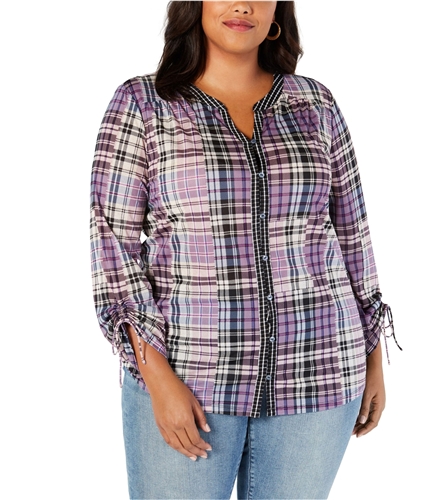 Style & Co. Womens Plaid Tied Sleeves Button Up Shirt purple 2X