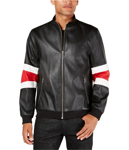 I-N-C Mens Stripe Faux-Leather Jacket deepblack S