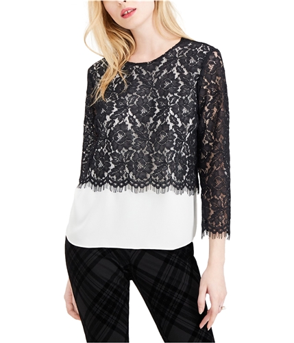 maison Jules Womens Lace-Overlay Pullover Blouse black XS