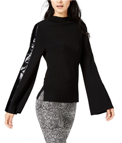 I-N-C Womens Faux Leather Stripe Pullover Sweater black S