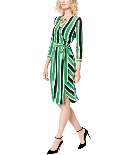 I-N-C Womens Striped Wrap Dress medgreen S