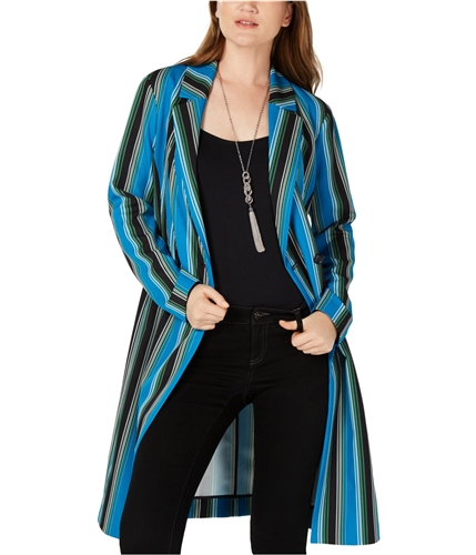 I-N-C Womens Striped Long Belted Trench Coat blue XS