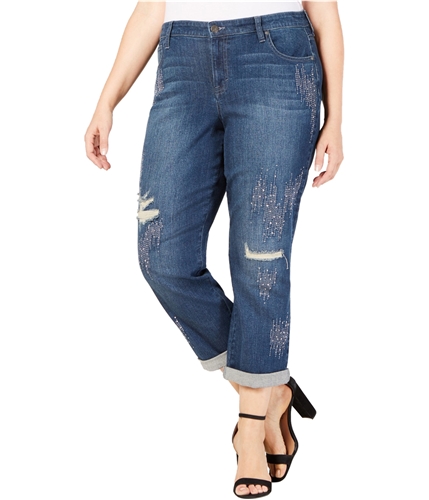 Style & Co. Womens Frosty Shimmer Boyfriend Fit Jeans navy 14W/25