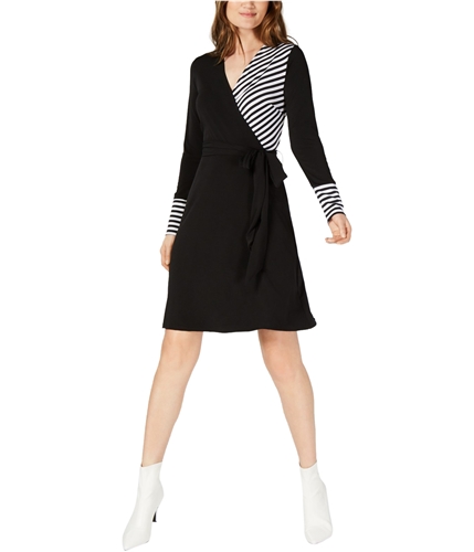 I-N-C Womens Mixed-Media Faux-Wrap A-line Dress black XS