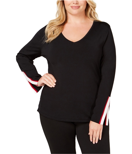 I-N-C Womens Varsity-Stripe Pullover Sweater black 1X