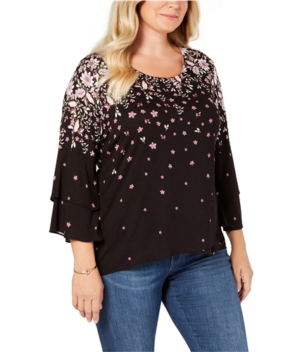 Style & Co. Womens Tiered-Sleeve Printed Pullover Blouse black 0X