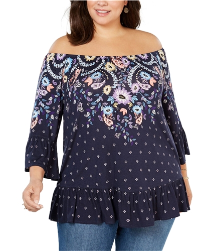 Style & Co. Womens Floral Off the Shoulder Blouse navy 1X