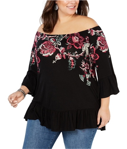 Style & Co. Womens Floral Off the Shoulder Blouse black 1X