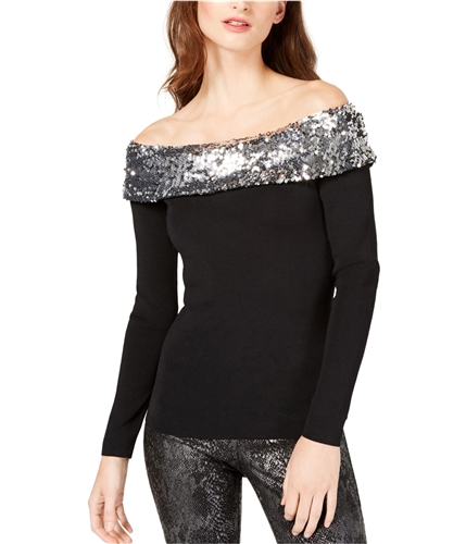 I-N-C Womens Sequin Foldover Pullover Sweater black M