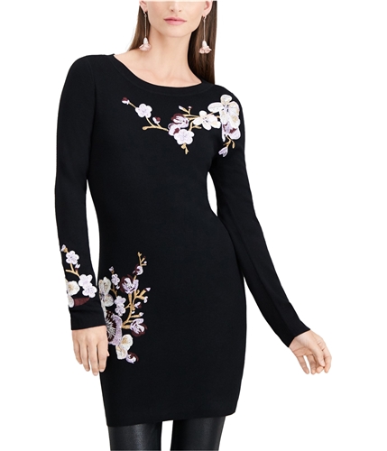 I-N-C Womens Embroidered Sweater Dress black S