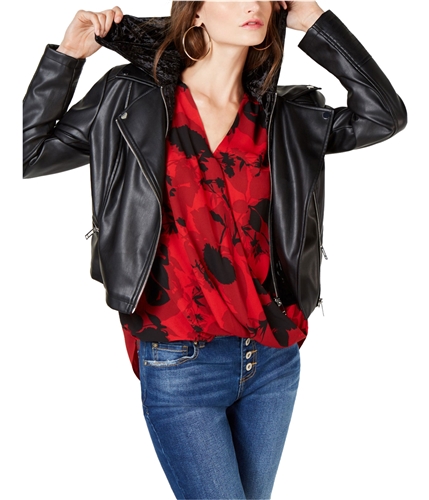 I-N-C Womens Velvet Hoodie Faux-Leather Jacket deepblack S