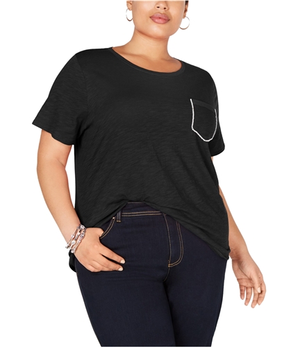 I-N-C Womens Rhinestone Pocket Embellished T-Shirt black 1X