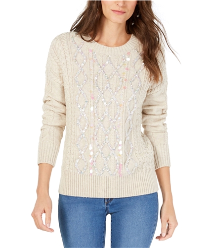 I-N-C Womens Embellished Cable Knit Pullover Sweater natural S