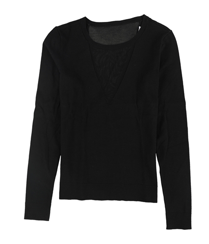 bar III Womens Contrast Neck Knit Sweater black XS