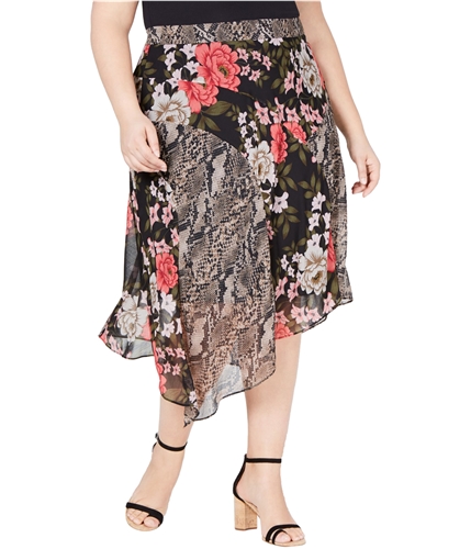 I-N-C Womens Floral Mix Print Asymmetrical Midi Skirt black 16W