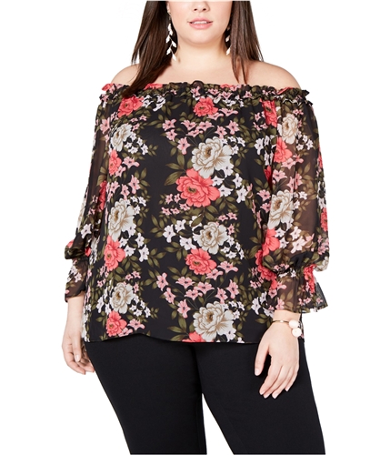 I-N-C Womens Floral Off the Shoulder Blouse black 3X