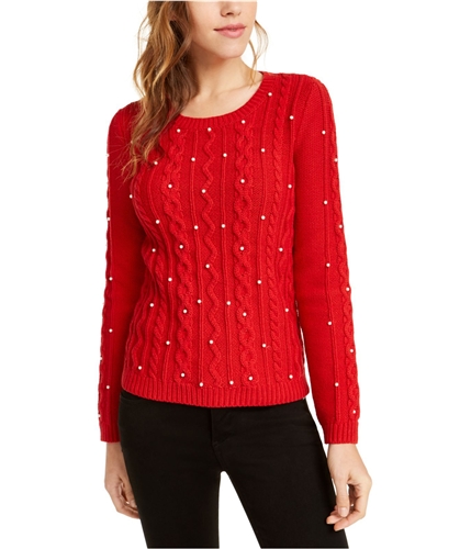 maison Jules Womens Pearl-Studded Cable Pullover Sweater red L