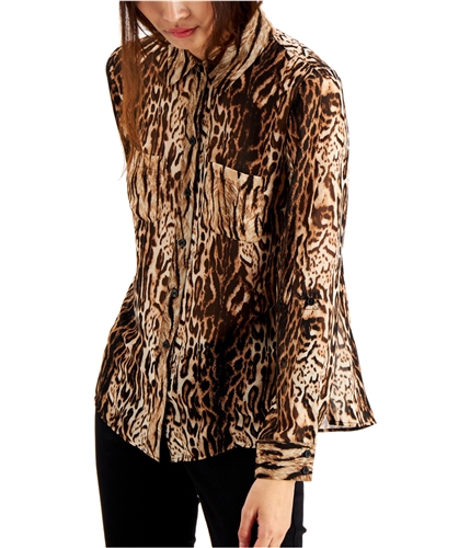 I-N-C Womens Ocelot Button Up Shirt brown XS