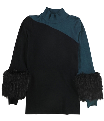 Alfani Womens Colorblocked Faux-Fur Cuffs Pullover Sweater medbeige M