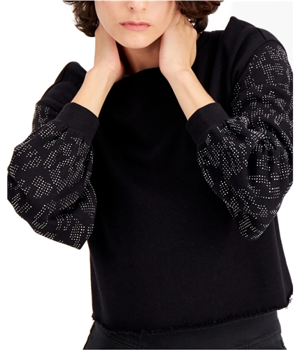 I-N-C Womens Embellished-Sleeve Pullover Sweatshirt black XS