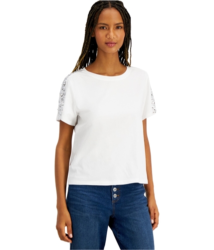 I-N-C Womens Sequin Sleeve Embellished T-Shirt white XS