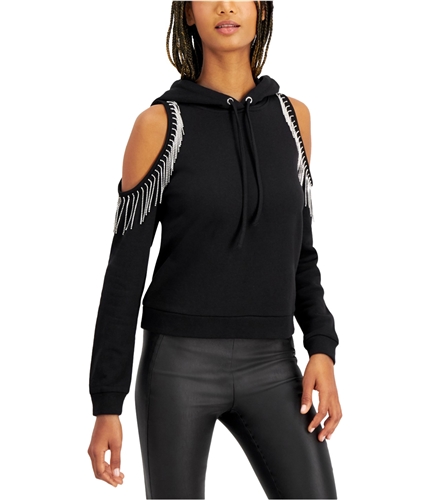 I-N-C Womens Fringe Hoodie Sweatshirt black XS