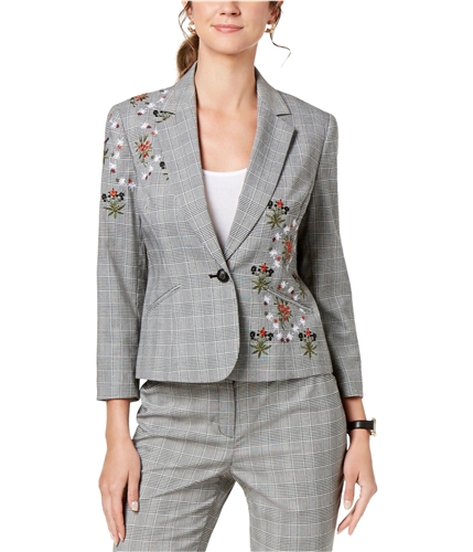 Nine West Womens Embroidered One Button Blazer Jacket chaorcoal 2