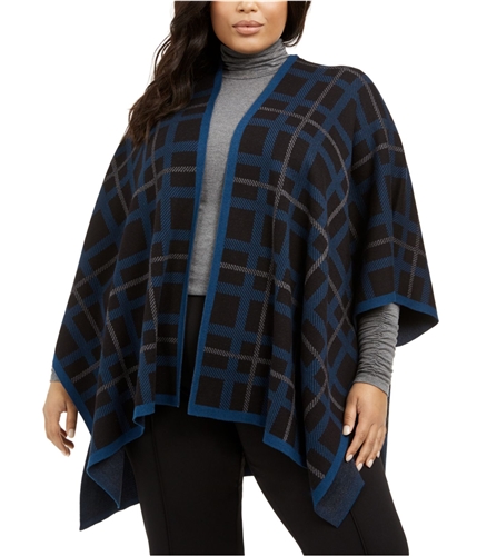 Anne Klein Womens Plaid Knit Cape Jacket black 0X/1X