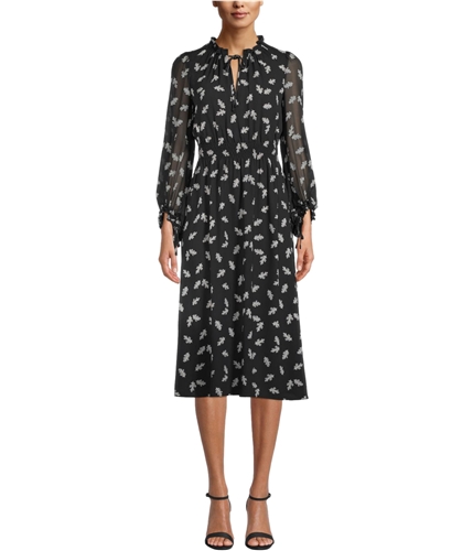 Anne Klein Womens Smocked Leaves-Print A-line Dress black M