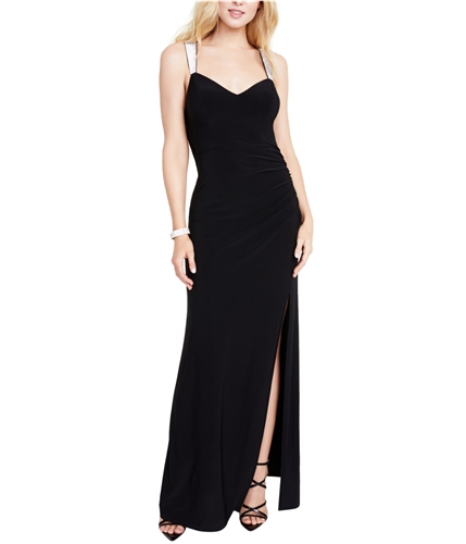 Bee Darlin Womens Rhinestone-Strap Back-Drape Fit & Flare Gown Dress black 15/16