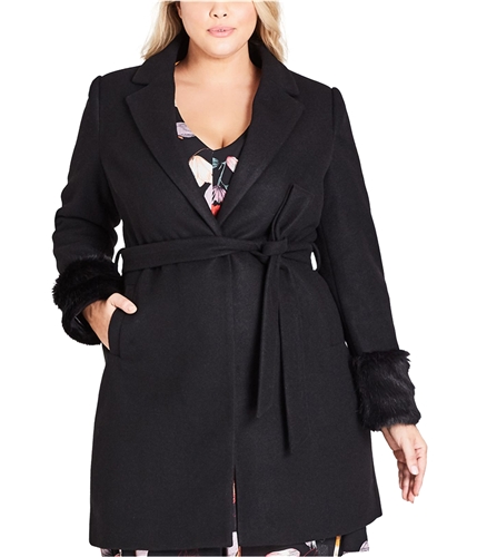 City Chic Womens Faux Fur Trim Coat black L/20W