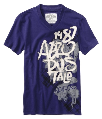 Aeropostale Mens Embroidered V-neck Graphic T-Shirt purpleblue L