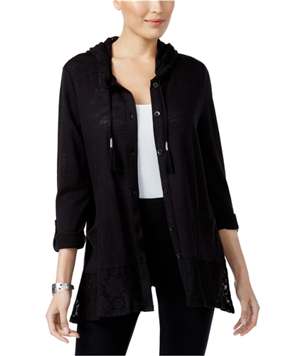 Style & Co. Womens Lace Hood/hem Jacket deepblack M