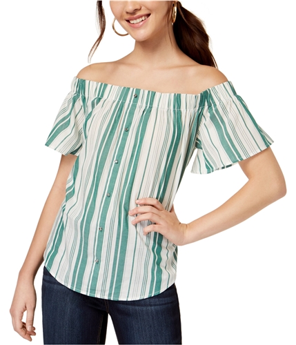 Seven Sisters Womens Decorative Buttons Off the Shoulder Blouse greenstripe L