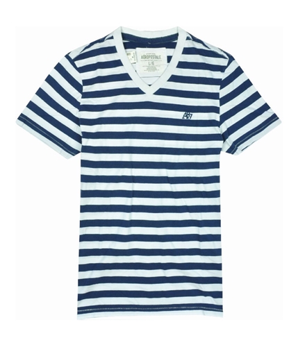Aeropostale Mens Stripe A87 Logo V-neck Graphic T-Shirt bluestripe L