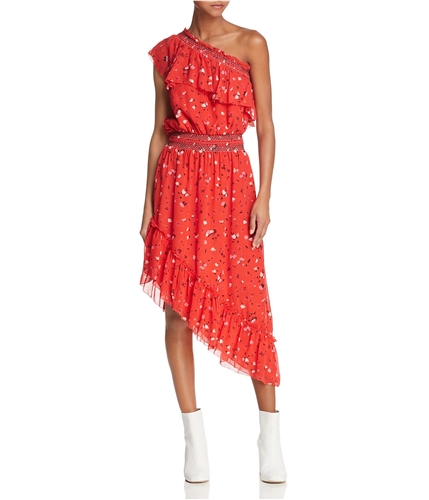 Joie Womens Silk Midi A-line Asymmetrical One Shoulder Dress red S