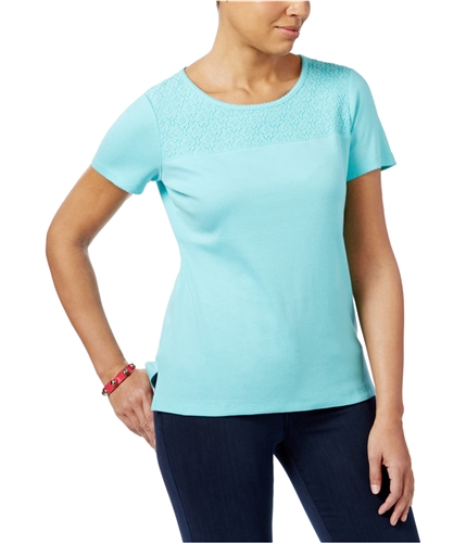 Karen Scott Womens Lace Yoke Basic T-Shirt pacificaqua S