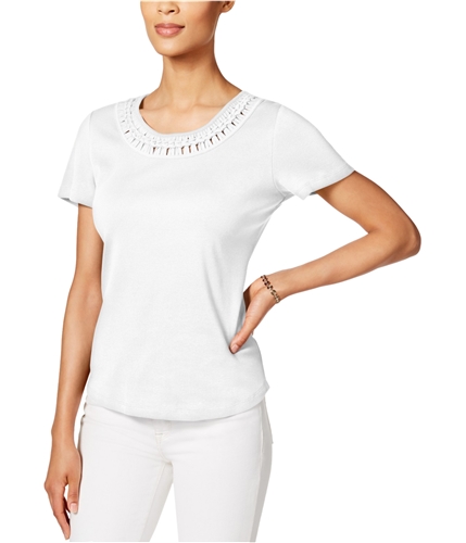 Karen Scott Womens Braided Trim Basic T-Shirt brightwhite XS