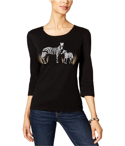 Karen Scott Womens Zebra Glitter Graphic T-Shirt deepblack S