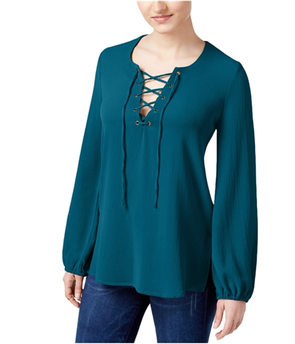 Belle du Jour Womens Lace-Up Knit Blouse turq S