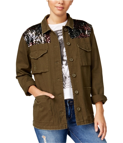 One Hart Womens Sequin-Trim Military Jacket forstnight L